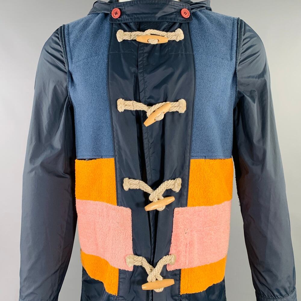 COMME des GARCONS SHIRT Size S Navy Multi Color Hooded Color Block Toggle Coat - Picture 2 of 7